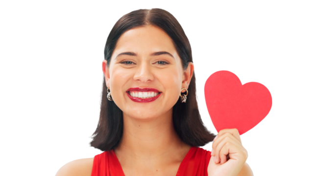 Happy woman, red paper heart and portrait for love, review and isolated on transparent png background. Face of female model with emoji sign, creative shape and support of kindness for valentines day