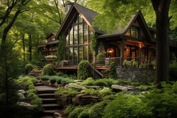 A house designed in the Barnhouse style, nestled amidst the beauty of nature, surrounded by lush greenery and trees.