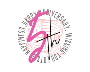  Happy fifth Anniversary writing with heart background, colorful, cheerfull, invitation card, celebration banner. first anniversary celebration