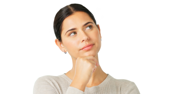 Woman, thinking face and planning ideas while isolated on transparent png background. Curious model dream of decision, remember memory or choice of problem solving, future solution or question why