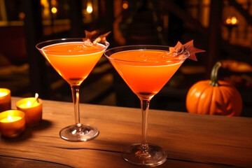 Two pumpkin cocktails on the bar with a pumpkin for a Halloween party. Holiday drinks.
