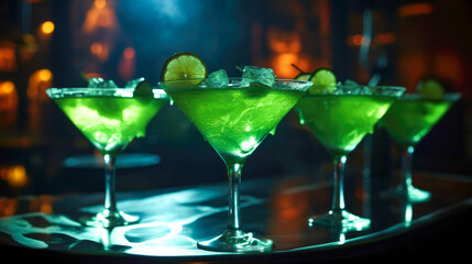 green cocktails with ice on the bar counter with smoke for the Halloween holiday. Alcoholic drinks.