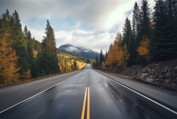 Naklejka premium View of Forest Road on a cloudy day. generative ai