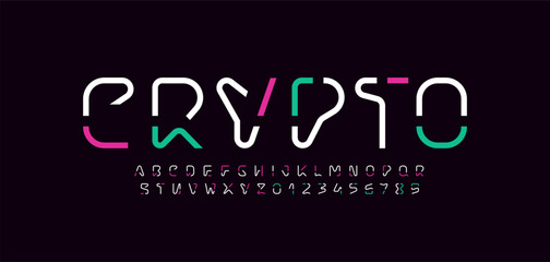 Technical multi-colored font, digital alphabet, uppercase Latin letters from A to Z and Arab numbers from 0 to 9, vector illustration 10EPS