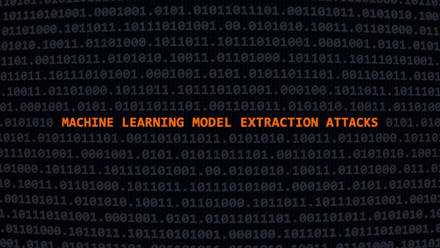 Cyber attack machine learning model extraction attacks. Vulnerability text in binary system ascii art style, code on editor screen. Text in English, English text