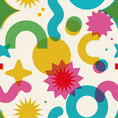 Risograph style abstract seamless vector pattern. Bold, vibrant, geometric shapes with grain texture and overprint effect. Repeat graphic background. 