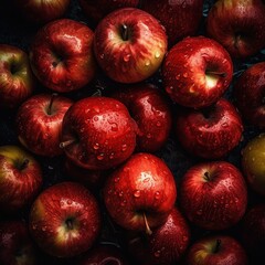 Top view of  red apples with visible drops of water  
