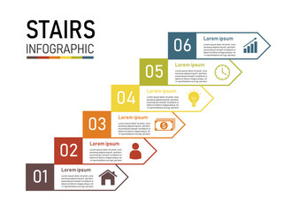 Staircase infographic 6 element for presentation. ladder to success business concept. can be used for workflow layout, diagram, web design. vector illustration in flat style modern design. © Yellow duck