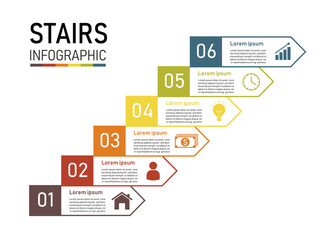 Staircase infographic 6 element for presentation. ladder to success business concept. can be used for workflow layout, diagram, web design. vector illustration in flat style modern design.