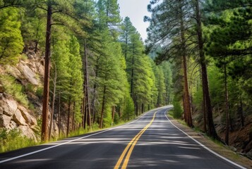 View of Forest Road on a cloudy day. generative ai