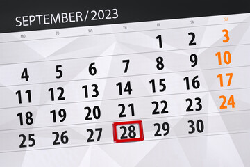 Fototapeta premium Calendar 2023, deadline, day, month, page, organizer, date, September, thursday, number 28