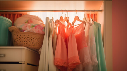 Clouse up girls soft color pastel dress hanging neatly in the closet