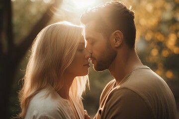 Fototapeta premium Close up portrait of young couple kissing against golden sunlight, AI generated