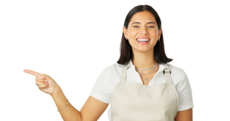 Portrait, pointing and coming soon with a barista woman isolated on a transparent background. Smile, branding and restaurant information with a happy young female person on PNG for product marketing