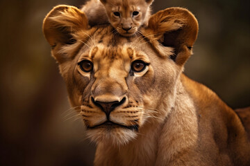 Baby lion cub on the lioness's head in the morning, mother and child lovely lion family close up shot, protecting wildlife concept.