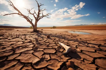 Fotobehang Drought land with isolated died tree, dry soil ground in desert area with cracked mud in arid landscape. Water scarcity, climate change and global warming. © Sunday Cat Studio