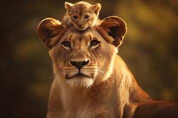 Fototapeta na wymiar Baby lion cub on mother lioness's head at savanna grassland in the morning, lovely lion family close up shot, protecting wildlife concept.