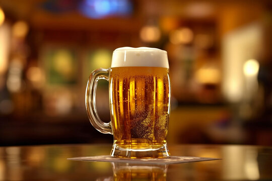 A mug of beer and coaster on the table in restaurant on blurred background with copy space, Internationnal beer day and oktoberfest concept.