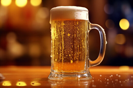 A mug of light beer wiht some spilled beer foam on the table in restaurant on blurred background with copy space, party concept.