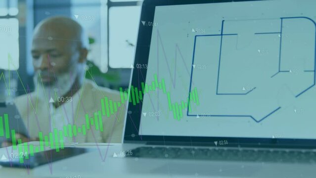 Animation of financial data processing over african american businessman using tablet in office