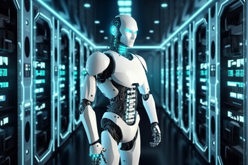Fototapeta na wymiar Cyborg robot robotic process automation rpa data analysis in server room