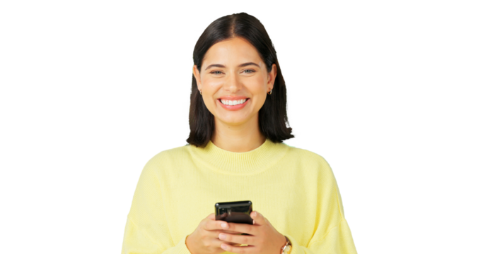 Woman, portrait and typing with phone while isolated on a transparent png background. Face of happy model, smartphone user or download mobile app for chat, online contact or social media notification