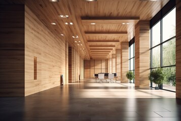 Fototapeta premium empty big office interior with wood design. generative ai