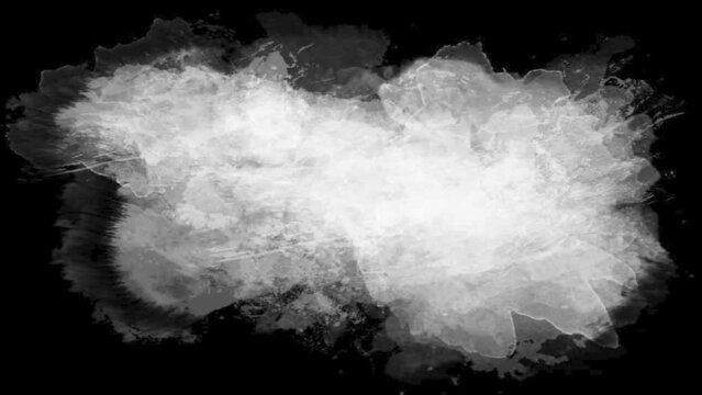 Abstract ink splatter transition in black and white seamless loop. Turbulent painting blot spreading from the center in this contemporary reveal 3D animation. 4K background, VFX overlay, alpha matte