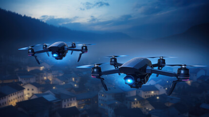 Three black drones fly over blur small town