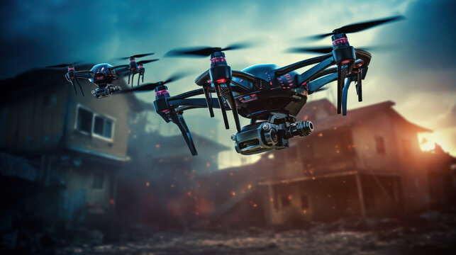 Three black drones fly over blur small town