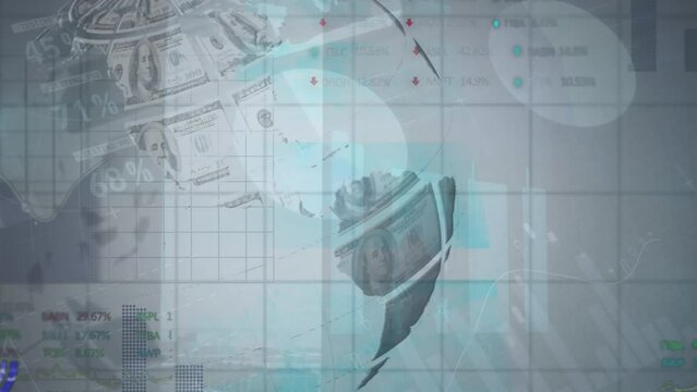 Animation of financial data processing over globe with american dollar bills