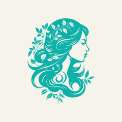 Woman Headshot with Curly Hair and Floral Elements: Vector Logo Design for Women's Fashion Clothing