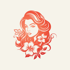 Woman Headshot with Curly Hair and Floral Elements: Vector Logo Design for Women's Fashion Clothing