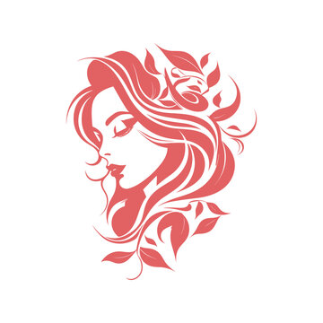 recommend clip art: Woman Headshot with Curly Hair and Floral Elements: Vector Logo Design for Women's Fashion Clothing