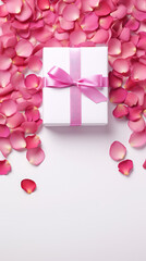 Valentines Day white background with pink rose petals and gift.