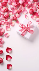 Valentines Day white background with pink rose petals and gift.