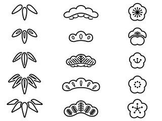 松竹梅のデザインセット（線画）