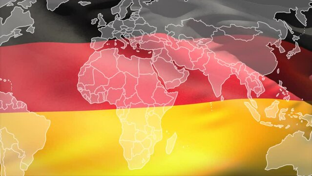 Animation of world map over waving germany flag against black background