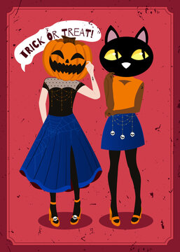 Set of two beautiful young woman in halloween costumes