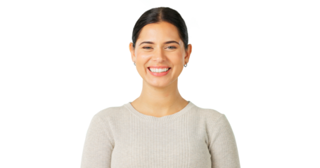 Happy, face and woman with beauty, happiness and confidence on transparent, isolated and png background. Female model, portrait and smile with pride, good mood from wellness and friendly personality