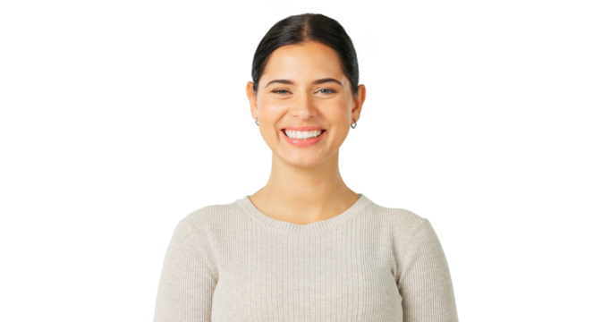 Happy, face and woman with beauty, happiness and confidence on transparent, isolated and png background. Female model, portrait and smile with pride, good mood from wellness and friendly personality