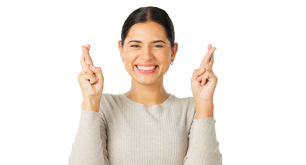 Portrait, excited woman and fingers crossed with a smile isolated on a transparent background for luck. Wish, hope and optimism with a happy young female model on PNG showing an emoji hands sign