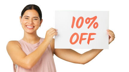 Sales sign, athlete portrait and happy woman promotion of 10 percent discount, training commercial...