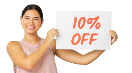Sales sign, athlete portrait and happy woman promotion of 10 percent discount, training commercial or fitness ads. Gym membership, price billboard or person show poster on transparent, png background