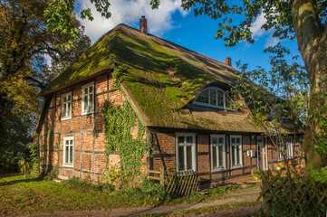 Fototapeta na wymiar Traditionelles Fachwerkhaus mit Reetdach, Bauernhaus in Mecklenburg-Vorpommern, Deutschland