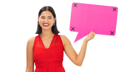 Isolated woman, speech bubble and portrait with smile, beauty and mockup space by transparent png background. Girl, fashion model and happy with poster, billboard or sign for promo for social media