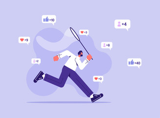 Catch likes concept. Man with net runs for positive reactions in social networks and instant messengers. Internet addiction, popular person, flat vector illustration