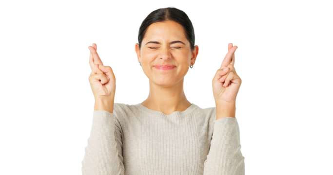 Face of woman, fingers crossed and hope for success, good luck and waiting isolated on transparent png background. Nervous model, hands and wish for bonus, winning lottery and emoji for competition