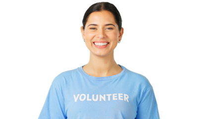 Volunteer, charity and portrait of a woman for community service, help or welfare. Smile of ngo person for humanitarian project, social care and support isolated on a transparent, png background