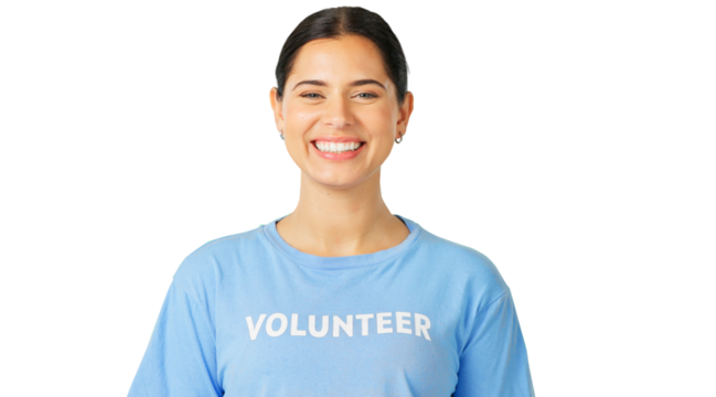 Volunteer, charity and portrait of a woman for community service, help or welfare. Smile of ngo person for humanitarian project, social care and support isolated on a transparent, png background